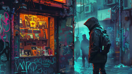 Beneath the neon glow, a cyberpunk city struggles with PM 2.5. Masked vendors sell advanced filtration devices, offering a lifeline in the polluted air.