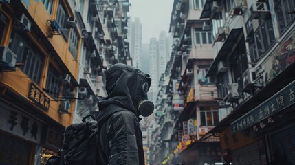 In a cyberpunk cityscape bathed in blue and neon, masked figures huddle together, their only protection from the thick PM 2.5 haze advanced filtration masks.