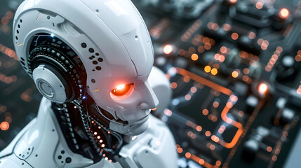 Hyper-Realistic Robot with Bright Red Eyes in Production Line