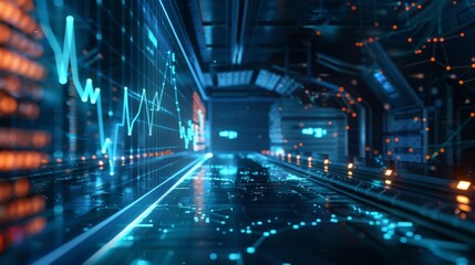 Fototapeta premium Data streams flow across a holographic display in a futuristic command center, highlighting the positive impact of lower PM 2.5 on the economy.