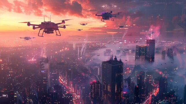 Drones on patrol, scanning the skies for PM 2.5 menace above a bustling cityscape.