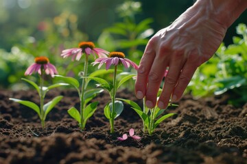 Closeup of a gardener planting a delicate pink echinacea flower seedling in the rich garden soil with care and precision - obrazy, fototapety, plakaty