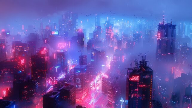 The cyberpunk city is shrouded in a blue and neon haze, but rooftop air purifiers offer a glimpse of a cleaner future.