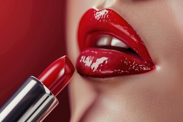 Close-up portrait of a stunning womans luscious red lips adorned with vibrant glossy lipstick, showcasing a glamorous and elegant beauty concept.