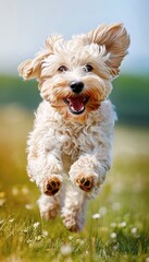 Playful young dog running joyfully in lush green grass field, adorable pet enjoying outdoor playtime