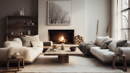 Interior composition of modern sophisticated living room inspired by scandinavian elegance 