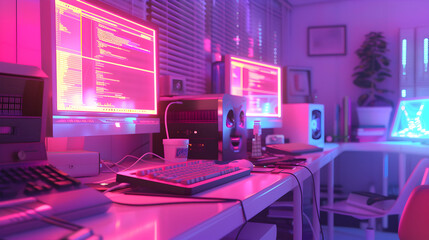  Computer on the table in cyberpunk style, nostalgic 80s, 90s. Neon night lights vibrant colors, photorealistic horizontal illustration of the futuristic interior. technology 