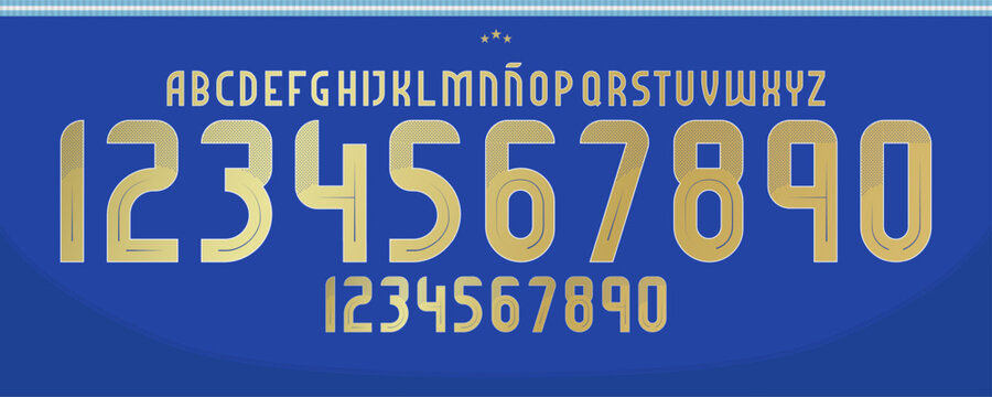 new font vector team south american national team 2024, kit sport style font. football style font with lines and points inside, sports style letters and numbers for soccer team	