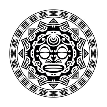 Round tattoo ornament with sun face maori style. African, aztecs or mayan ethnic mask. Black and white.