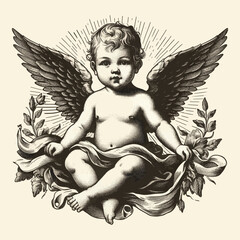 baby with wings old engraving vector style, baby vector illustration retro vintage handwriten style - obrazy, fototapety, plakaty