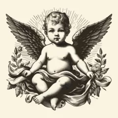 Foto op Canvas baby with wings old engraving vector style, baby vector illustration retro vintage handwriten style © Ranadhie