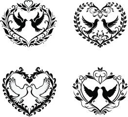 Set of pair of dove in heart frame shape