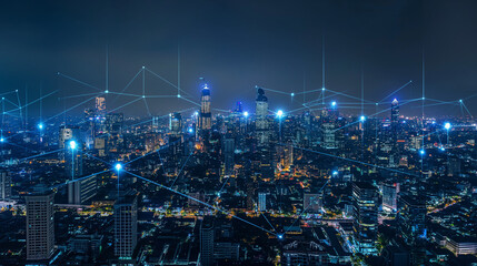 Panorama aerial view in the cityscape skyline with smart services and icons, internet of things,...