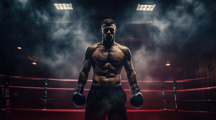Sportsman muay thai boxer fighting in boxing cage, isolated on dark black background with light and smoke. Prepare to match. Copy Space. Sport concept. - obrazy, fototapety, plakaty