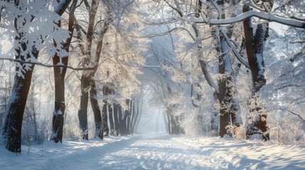 The winter forest is frozen and outdoor, with trees covered in snow.