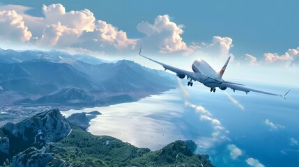 Airplane taking off from airport - Passenger airplane is flying over amazing mountains and sea -...