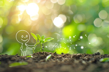line art stick is planting, garden, growth and sustainability concept, plant with care - obrazy, fototapety, plakaty