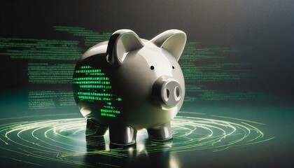 The illustration of a piggy bank and the representation of the use of Artificial Intelligence to make money or profits in business with digital means. Cyber, digital, virtual background.
 - obrazy, fototapety, plakaty