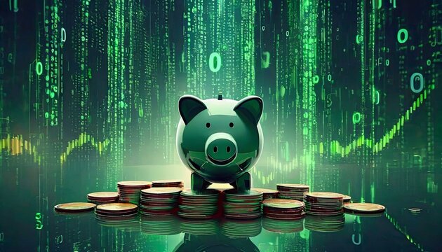 The illustration of a piggy bank and the representation of the use of Artificial Intelligence to make money or profits in business with digital means. Cyber, digital, virtual background.
