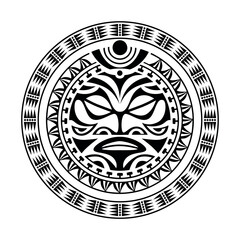 Round tattoo ornament with sun face maori style. African, aztecs or mayan ethnic mask. Black and white.