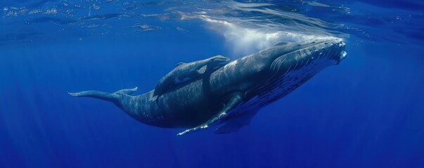 An adult whale and a baby Humpback Whale are playing under the sea - obrazy, fototapety, plakaty