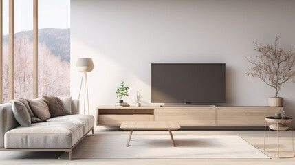 Scandinavian minimalist home interior design of modern living room. Grey sofa near floor to ceiling window against tv unit Generative AI
