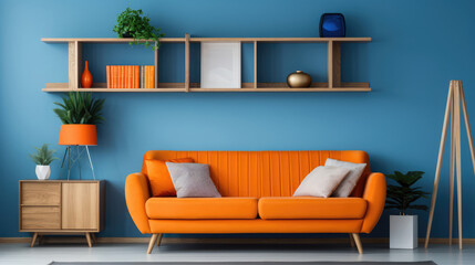 Vibrant orange sofa near blue wall with wooden cabinet and shelves. Scandinavian interior design of modern stylish living room. Generative AI