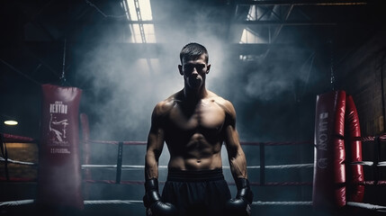 Fototapeta na wymiar Sportsman muay thai boxer fighting in boxing cage, isolated on dark black background with light and smoke. Prepare to match. Copy Space. Sport concept.