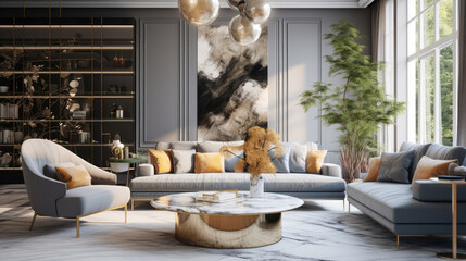 Hollywood regency style interior design of modern living room with marble coffee table and gray sofa. Generative AI