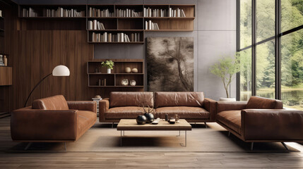 Elegant interior design of modern living room with brown leather sofa. Generative AI