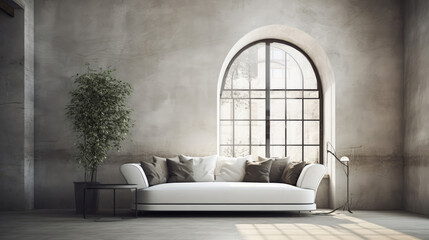 White corner fabric sofa against arched window near grunge aged stucco wall. Interior design of modern living room. Generative AI