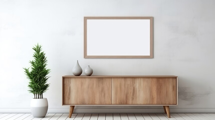 Mock up poster frame on white stucco wall above wooden dresser with home decor. Rustic interior design of modern living room. Generative AI