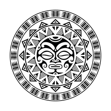 Round tattoo ornament with sun face maori style. African, aztecs or mayan ethnic mask. Black and white.