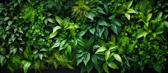 A dense wall of green leaves from various terrestrial plants, including grasses, trees, groundcovers, and flowering plants, set on a black background - Powered by Adobe
