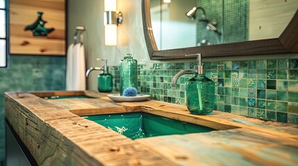 Sunlit eco-friendly bathroom with rustic wooden vanity and vibrant green tiles, a harmony of nature and comfort.