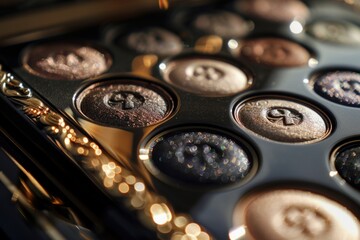 Close-up of a palette of eyeshadows in neutral shades. Isolated on a dark background, showcasing a variety of matte and shimmer finishes. - obrazy, fototapety, plakaty