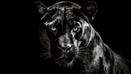 black fluffy jaguar. Key lighting on a black background. Photorealistic low key illustration. Generative AI