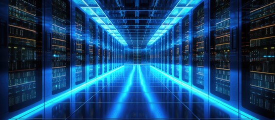 Visualize a spacious corridor lined with multiple rows of advanced servers within a high-tech data center environment