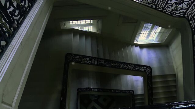 Old Staircase Interior with Natural Light Coming From the Windows. 4K Resolution.