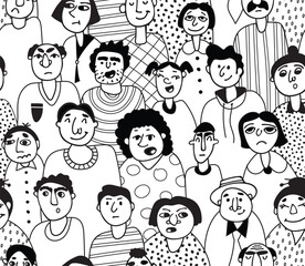 Seamless pattern of people. Crowd of different nationalities on a white background. Emotional mood. Hand drawn vector illustration. Endless coloring book with characters silhouette