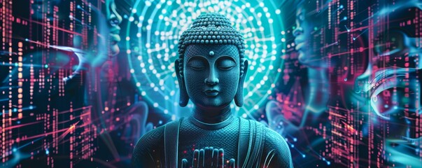 Zen Buddha statues line the streets of a cyberpunk city their calm an antidote to the surrounding digital matrix frenzy - obrazy, fototapety, plakaty