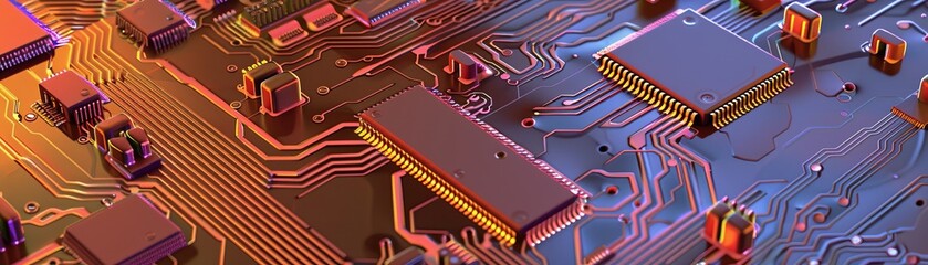 Glossy microchip surfaces on a matte PCB contrasting textures for visually rich backgrounds