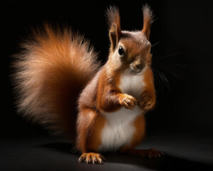 Obraz premium Cute fluffy ginger squirrel bear. Key lighting on a black background. Photorealistic low key illustration. Generative AI.