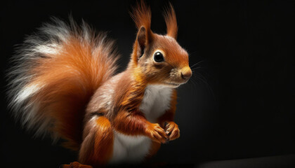 Cute fluffy ginger squirrel bear. Key lighting on a black background. Photorealistic low key illustration. Generative AI.