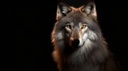 Cute fluffy grey wolf. Key lighting on a black background. Photorealistic low key illustration. Generative AI.