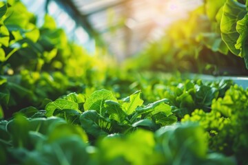 Fresh green lettuce leaves growing in a modern greenhouse environment. Hydroponic agriculture for healthy organic lettuce production. - obrazy, fototapety, plakaty