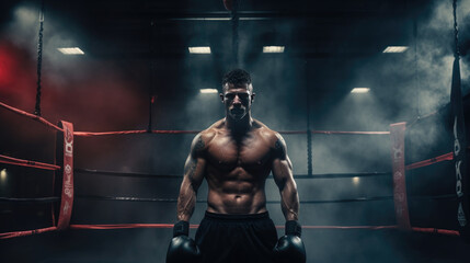 Sportsman muay thai boxer fighting in boxing cage, isolated on dark black background with light and smoke. Prepare to match. Copy Space. Sport concept. - obrazy, fototapety, plakaty
