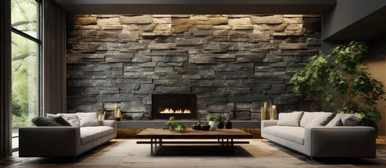 Rolgordijnen Capture of a cozy living room showcasing an elegant fireplace set against a rough stone wall © TheWaterMeloonProjec