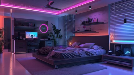 Neon-lit modern bedroom with a panoramic city view, where technology meets luxury in a symphony of purple.
