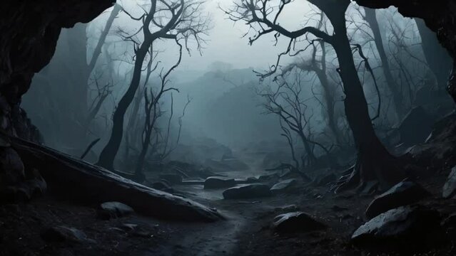 mystical atmosphere of a foggy dead forest